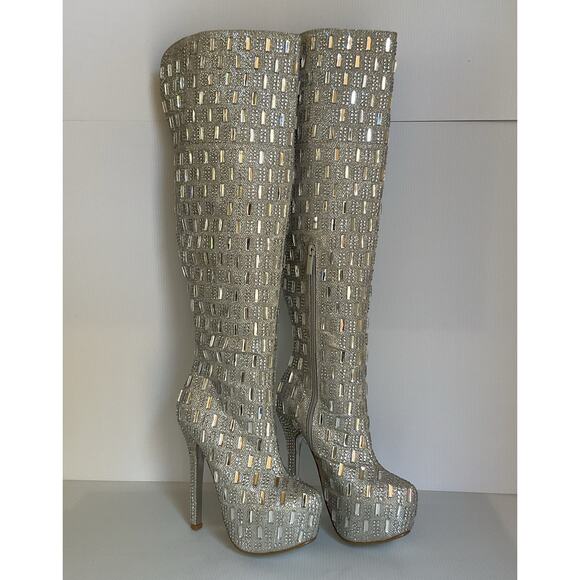 Women’s Silver Rhinestone Over Knee High Heel Boots Shiekh Size 9 Glam Party